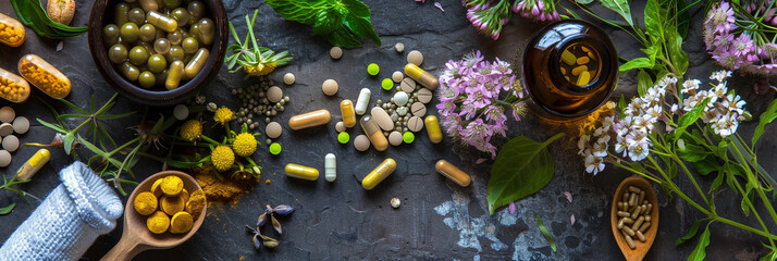 holistic tablets and capsules on a wooden table with natural ingredients 