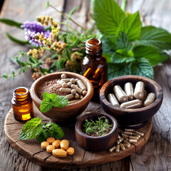 natural holistic medicinal ingredients and capsules in a bowl - obrazy, fototapety, plakaty