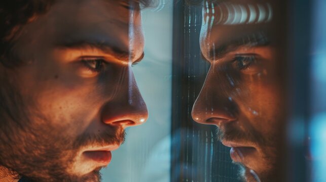 A man examining himself in the mirror. Suitable for self-reflection concepts.