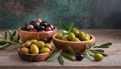 Green, red and black olives on wooden floor. various olives in wooden bowls