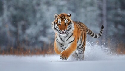 Fototapeta na wymiar Tiger in wild winter nature Amur tiger running in the snow
