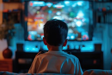 A young boy sitting on the floor in front of a television screen. - obrazy, fototapety, plakaty