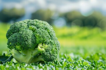 A vibrant head of broccoli stands proudly in the center of a lush green meadow, basking in the natural beauty of its surroundings