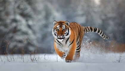 Fototapeta premium Tiger in wild winter nature Amur tiger running in the snow