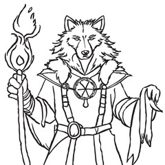 fantasy wolf shaman, vector illustration line art