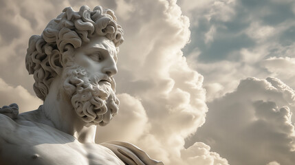 Ancient Greek Philosopher in Marble in front of White Clouds Background with Copyspace