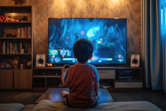 A young boy sitting on a couch in front of a television screen.