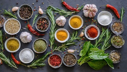 Colorful different herbs and spices for cooking on dark background top view