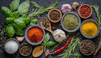 Colorful different herbs and spices for cooking on dark background top view