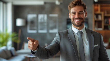 A man in a formal suit and tie pointing at something.