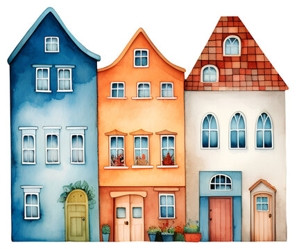 Watercolor illustration of a cute cartoon houses. Transparent background, png