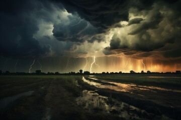 Obraz premium A dramatic reflection of a thundercloud casting a dark shadow over a field
