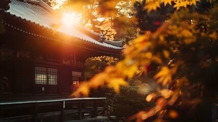 Golden autumn leaves framing a tranquil temple at sunset. serenity and nature in a traditional asian setting. perfect for calm and cultural themes. AI