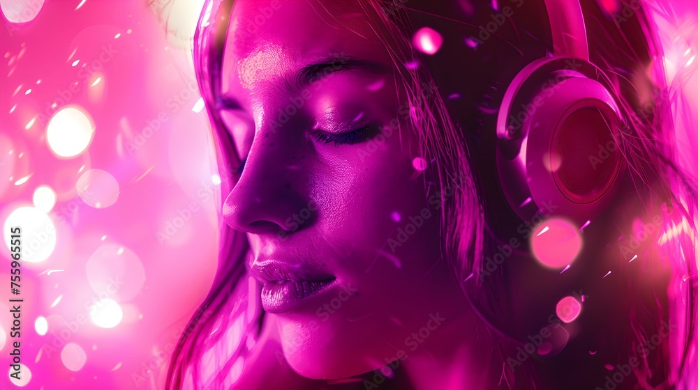 Poster Vibrant female portrait in a neon glow, wearing headphones. modern digital art style captures a relaxed mood. perfect for music or lifestyle themes. AI