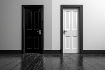 Two doors, one black and one white, stand side by side in a room. The doors create a contrasting yet harmonious visual appeal in the monochrome setting