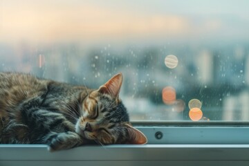 A cat peacefully napping on a window sill.