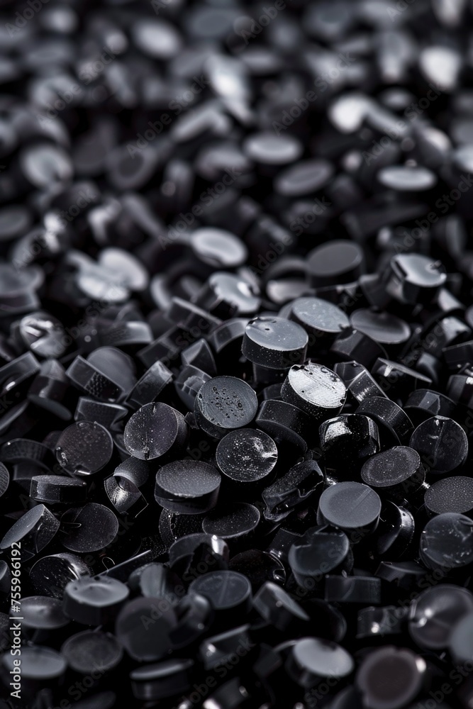 Poster a close-up view of a pile of black buttons. suitable for fashion or crafting projects.