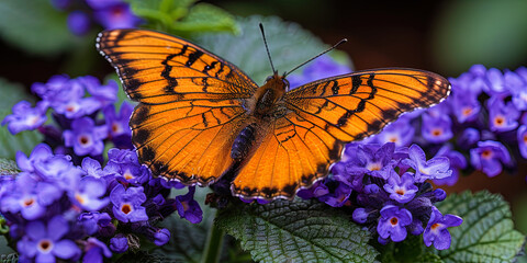 A vibrant orange butterfly perched on a purple flower