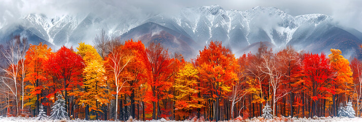 A painting depicting a row of trees standing in front of a majestic mountain