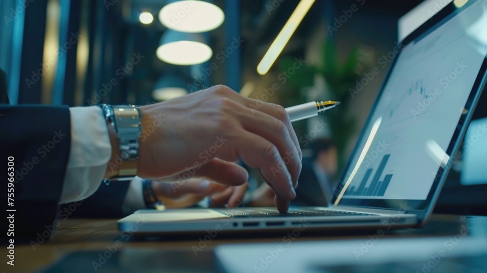 Poster Close up of a person typing on a laptop, suitable for technology concepts.