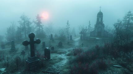 An eerie graveyard under the cloak of twilight - obrazy, fototapety, plakaty