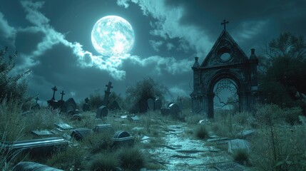 An old cemetery under a dramatic midnight blue sky