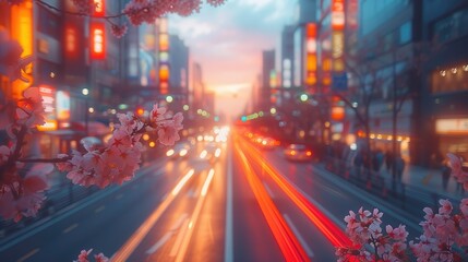 Fototapeta na wymiar Busy streets of a modern city during cherry blossom season