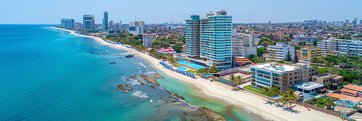 A city skyline meets a sandy beach in this aerial view