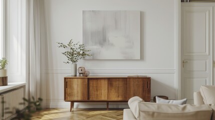 Comfortable living room with couch and wall painting. Ideal for home decor concepts.