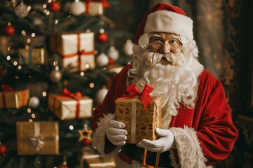 A man dressed as Santa Claus holding a box of presents. The scene is set in front of a Christmas tree