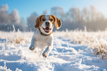 A dog energetically running through snow in a vast field.