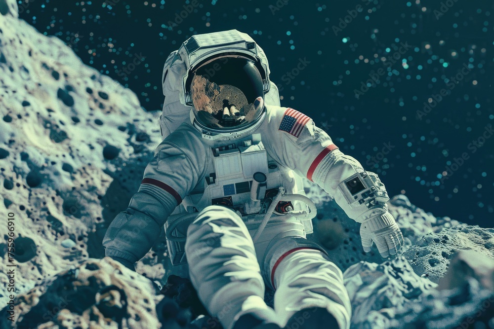 Poster An astronaut sitting on the surface of the moon. Suitable for space exploration concepts.