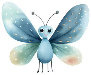 Watercolor illustration of a cartoon butterfly. Naive simple scandinavian style insects. Cute animals. Transparent background, png