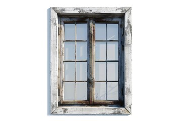 Vintage window with glass pane against white wall, perfect for architectural design projects.
