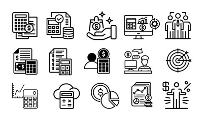 accounting icon set, Pixel perfect. Editable stroke. The set contains icons: Accountancy, Income Tax, Tax Refunds, Financial Report, Savings, Financial Planning.