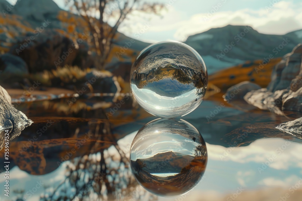 Poster tranquil image of glass ball resting on calm lake surface. perfect for nature or relaxation concepts