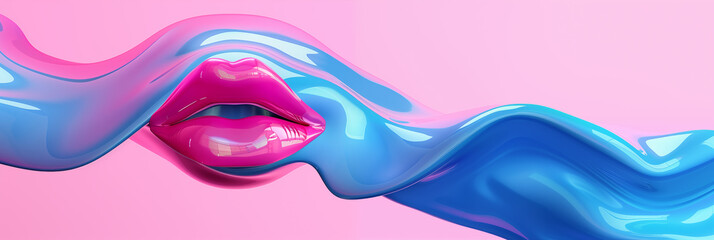 Glossy lips in a wavy sculpture against a vivid pink backdrop. Abstract face for presentation of cosmetic procedures. Cosmetology concept - obrazy, fototapety, plakaty