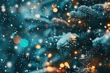 Close-up of a snow-covered Christmas tree, perfect for holiday-themed designs. - obrazy, fototapety, plakaty