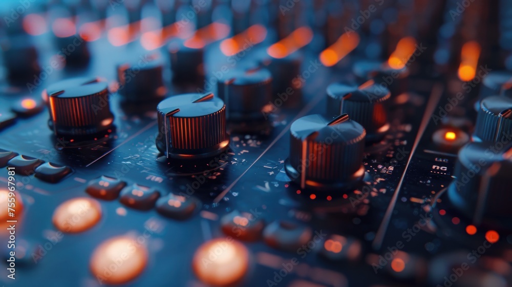 Poster Detailed view of a sound board with various knobs and controls. Ideal for music production or audio engineering projects.