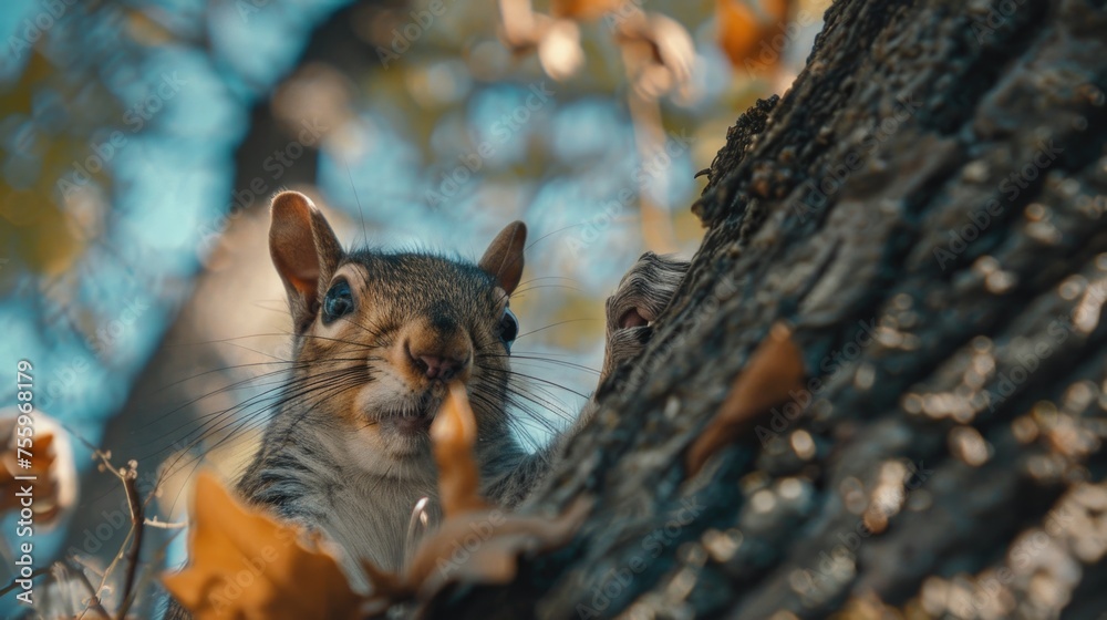 Poster a close up of a squirrel on a tree. perfect for nature and wildlife themes.
