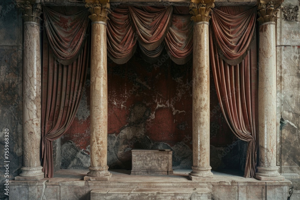 Aufkleber A stage with red curtains and a stone bench, suitable for theater or performance concepts.