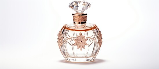 A bottle of perfume, containing a liquid made from natural materials, is elegantly displayed on a white porcelain surface