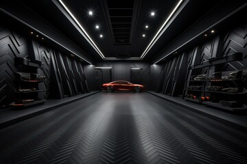 Studio interior with carbon fiber texture. Dealer center selling sports cars.
