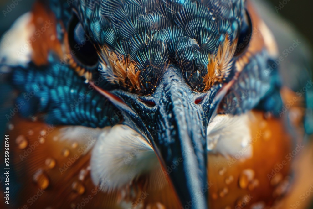 Poster close up of a bird with water droplets on its head. suitable for nature and wildlife themes.