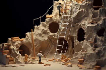 An offbeat scene of a miniature figure climbing a string ladder into the unknown