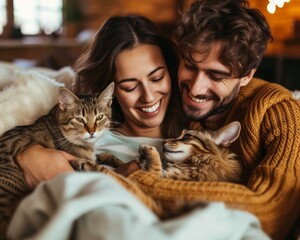 A man and a woman are affectionately cuddling with two cats.
