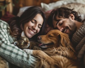 A man and woman are reclining in bed with a dog and cat resting beside them.