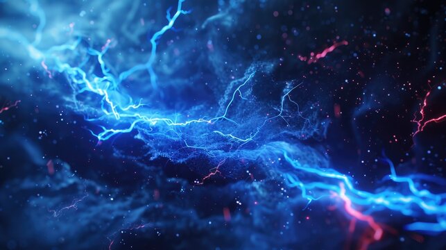 Abstract image of colorful lightning streaks on a dark backdrop. Suitable for technology or energy concepts.