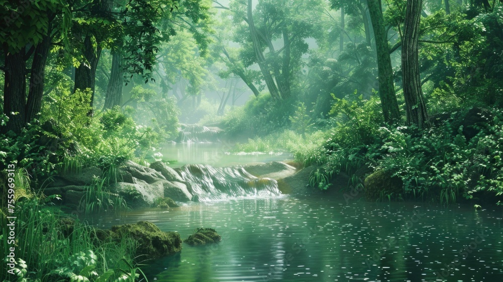 Poster Scenic view of a stream in a lush forest. Suitable for nature-themed projects.