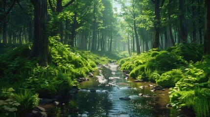 Peaceful stream flowing through vibrant forest. Ideal for nature and travel concepts.